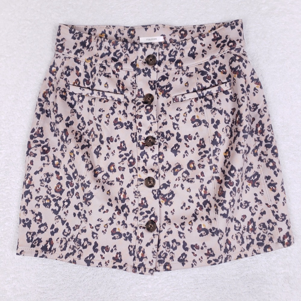 Maurices Leopard Print‎ Button Front Mini Skirt Tan Brown Size 8 High Waisted